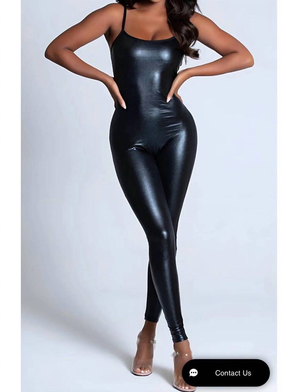 NEW IMAGENATION can you handle me spaghetti strap leather jumpsuit in black